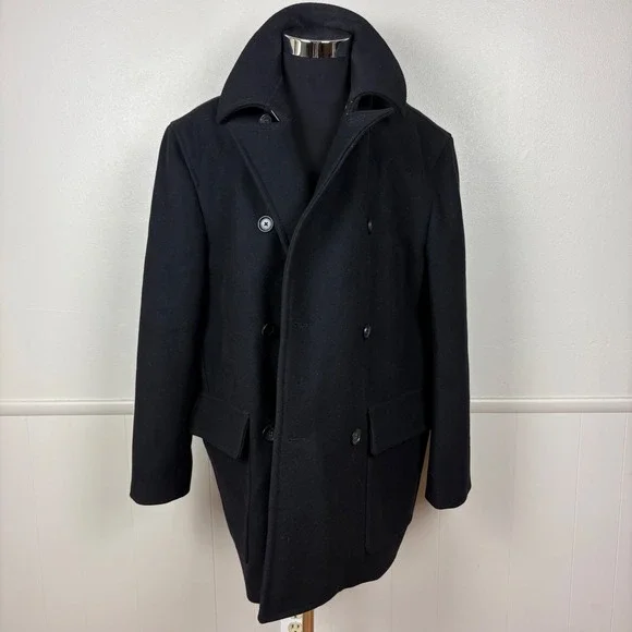 Express Men's Wool Blend Pea Coat Sz XL Black Double Breasted Classic Old Money